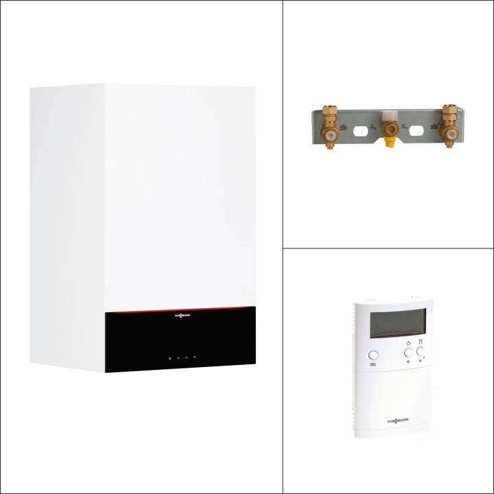 Viessmann Gas-Brennwert-Kombigerät Paket Vitodens 200-W B2KF 25 kW inkl. WW – 7" Display – Vitotrol 100 UTDB – Armaturen-Bausatz UP