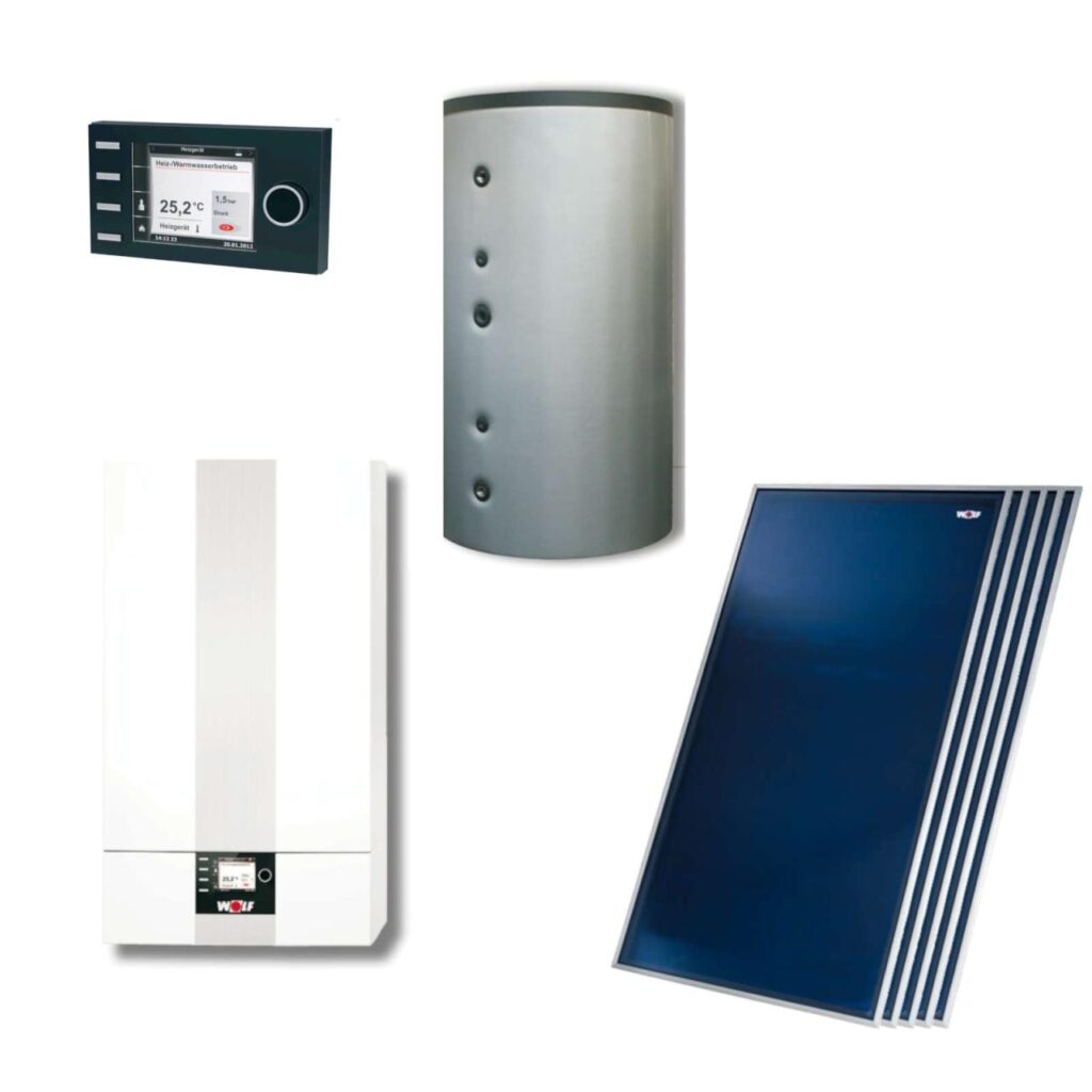 Wolf Hybrid Paket Gas-Therme CGB-2-24 mit 6 Flachkollektoren F3-1 TopSon Aufdach inkl. Solarmodul SM1-2 und BSH-1000 L Pufferspeicher