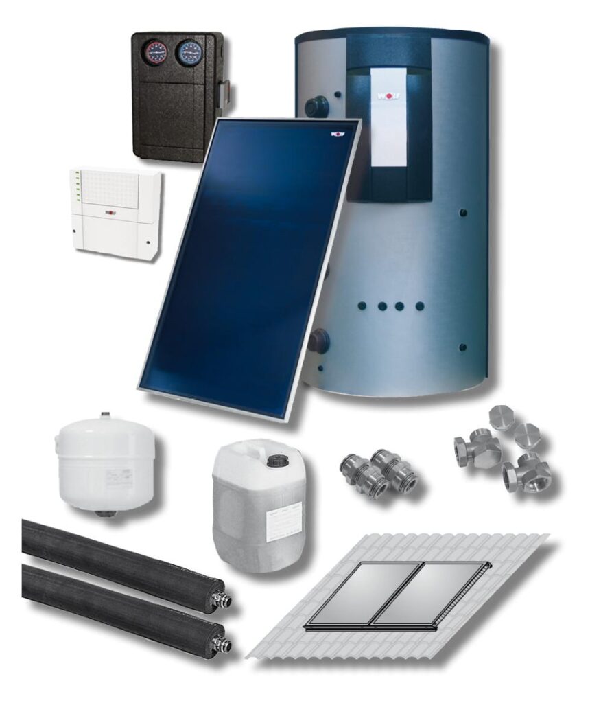 Wolf Solar-Paket 5 Flachkollektoren TopSon F3-1 Aufdach mit Solarmodul SM2-2 und BSP-800L Speicher